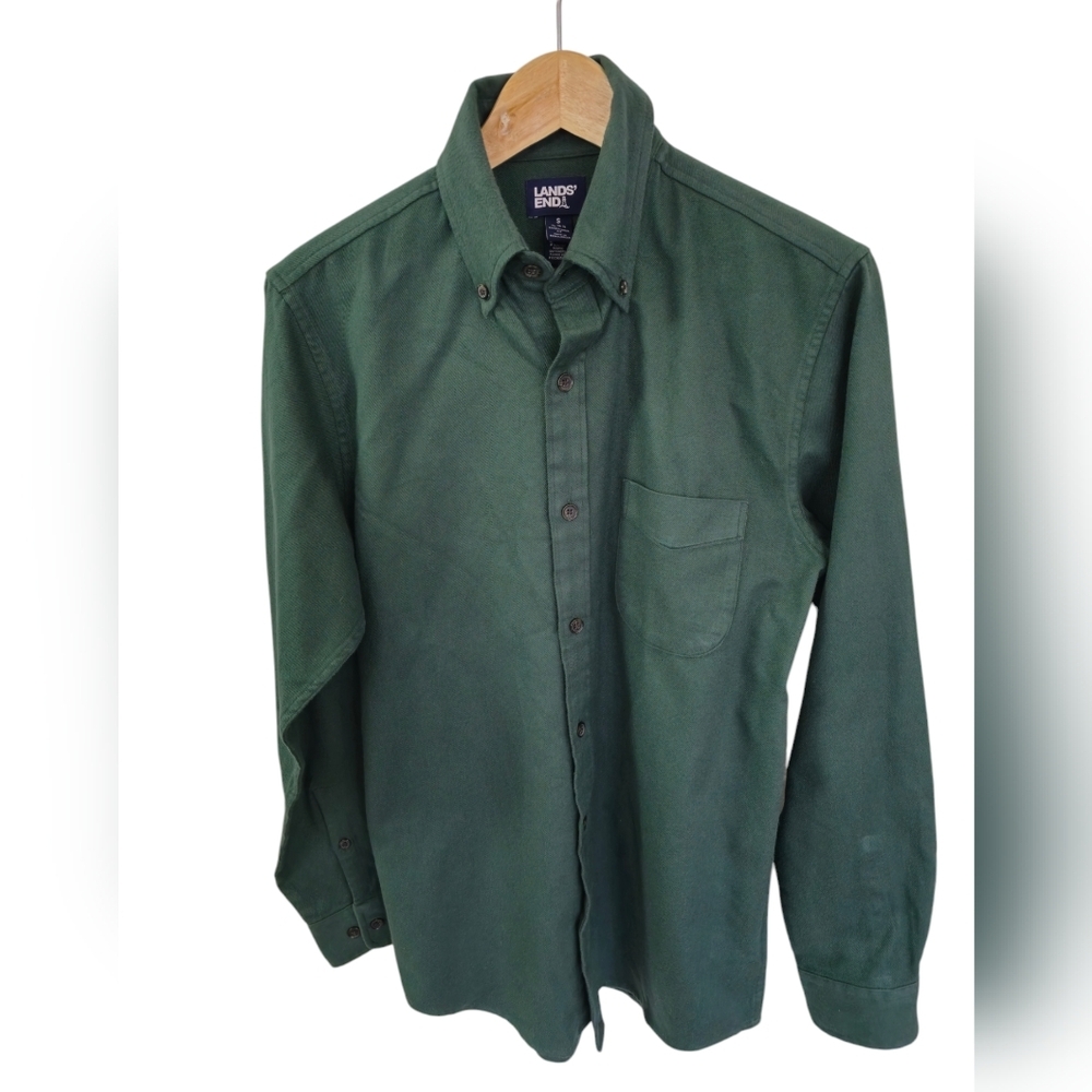 Lands' End Men's Long Sleeve Green Cotton Shirt Traditional Fit Size Small